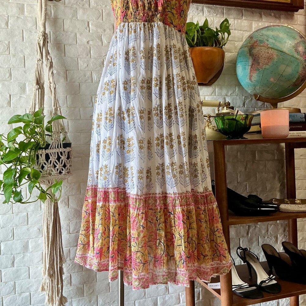 Perry Walker Collective Calli Midi Dress Pink Yellow Floral Boho Cottage - Picture 9 of 11